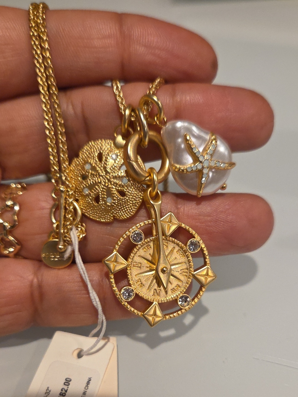 Spartina 449 Gold Compass and Pearl Starfish Charm Necklace